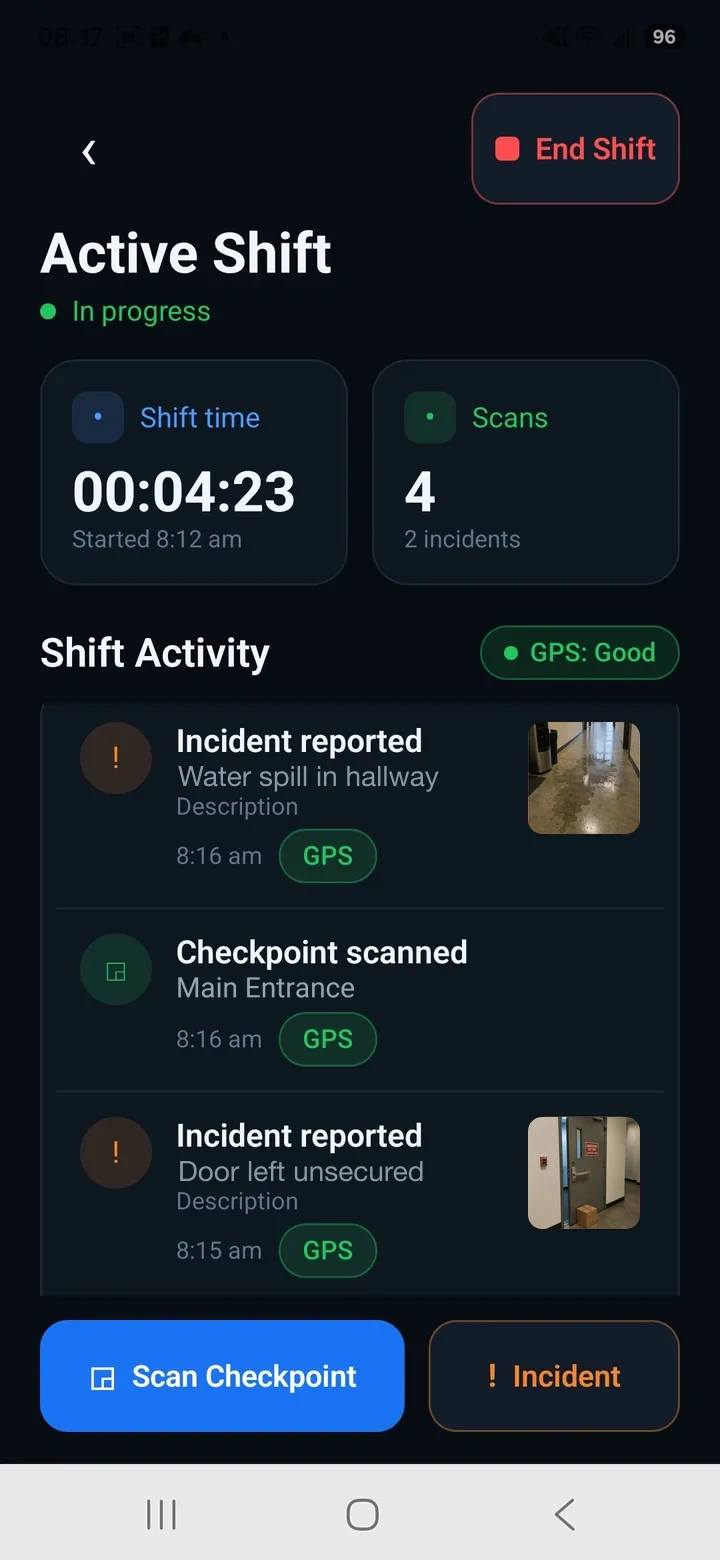 Guard Tour Log active shift screen showing shift time, scan count and an activity timeline of checkpoint scans and reported incidents with their times and location stamps
