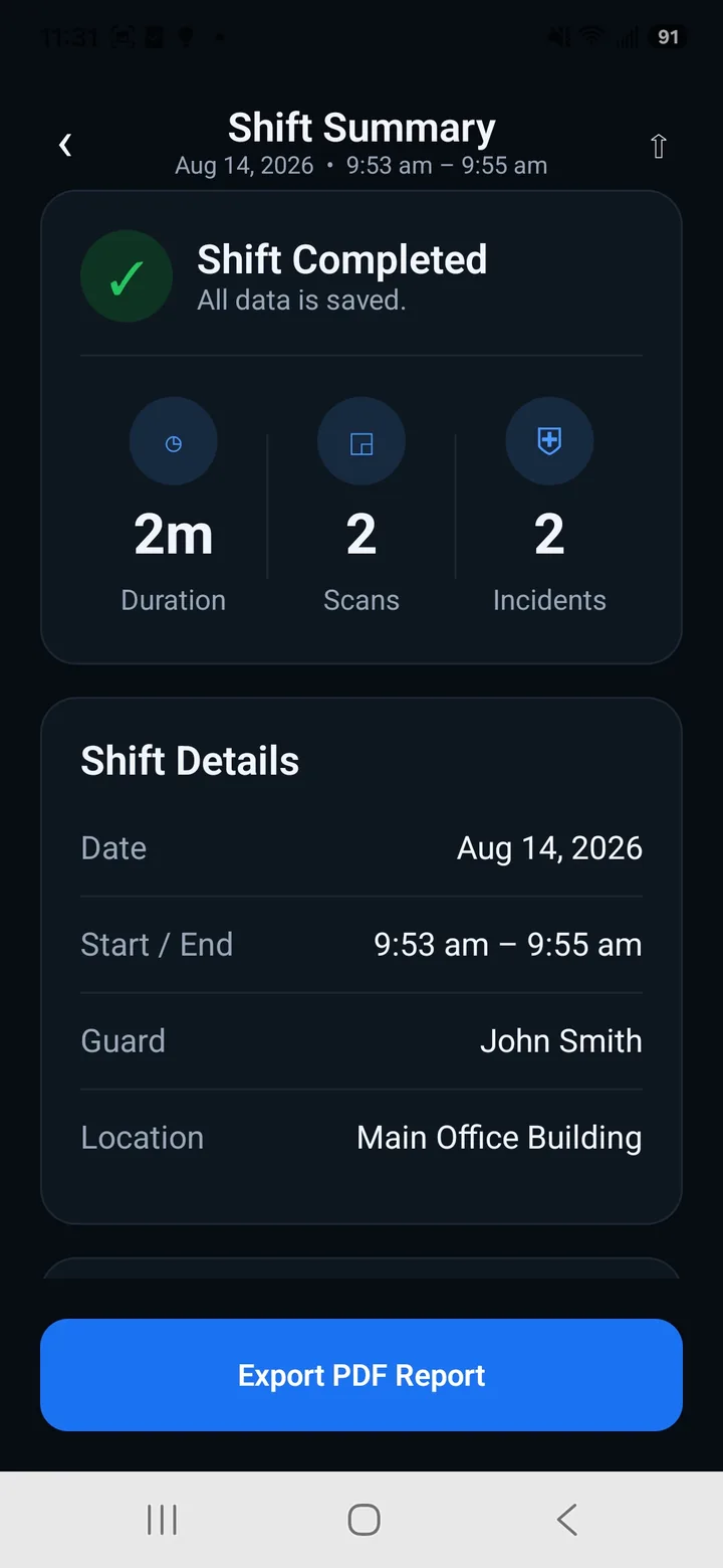 Guard Tour Log shift summary showing duration, scan and incident counts with an Export PDF Report button