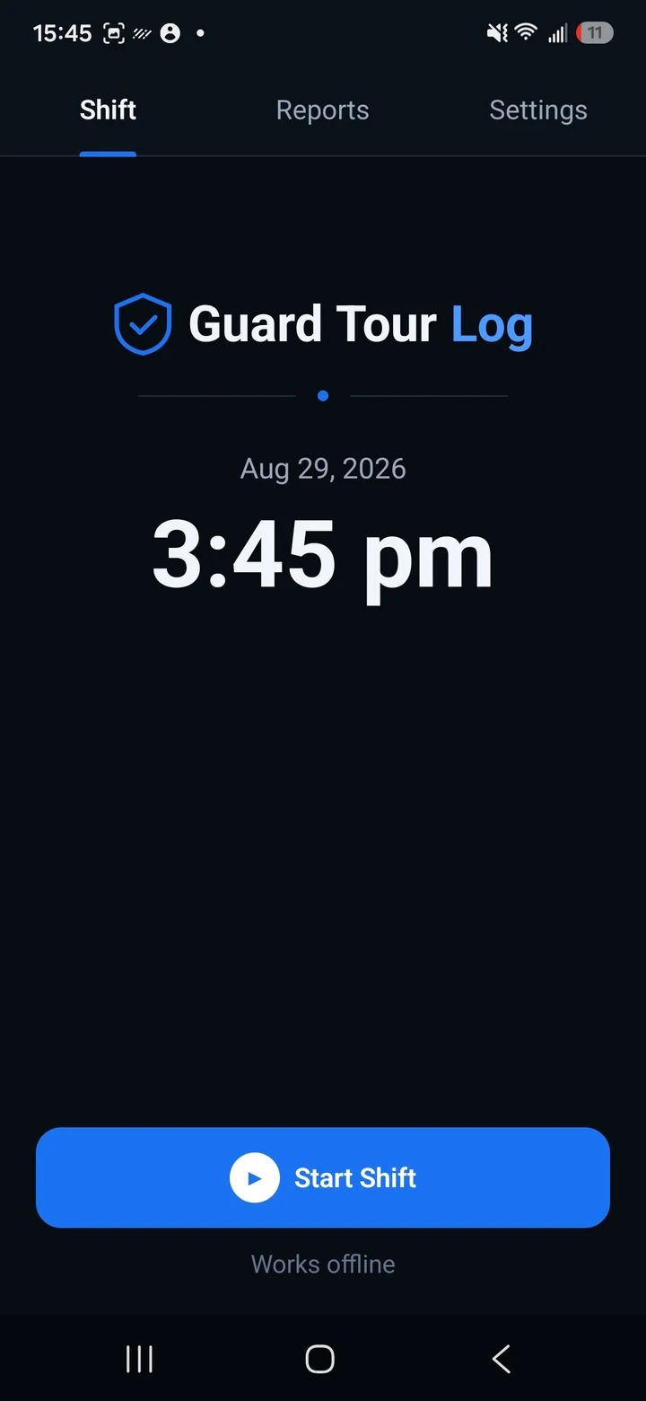 Guard Tour Log home screen with a Start Shift button and a note that the app works offline